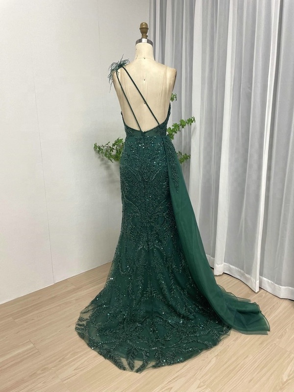 Elegant Strapless High Split Luxury Wedding Party Guest Evening Gowns 2023 One-shoulder Feather Beading Mermaid Women Prom Dress