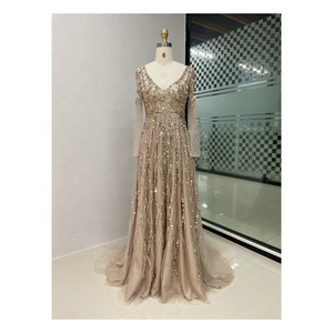 Luxury Champagne Beaded Sequin Long sleeves V Neck Arabic Women Gowns In Dubai Muslim Dresses 2024 Prom Dress Party Gown