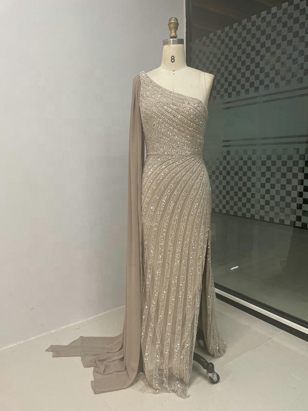 Luxury High Split Wedding Party Guest Evening Gowns 2023 One-shoulder Sleeveless Beading Mermaid Wholesale  Women Prom Dresses