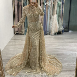 Gorgeous Beaded Sequined Long Sleeves Handmade Dubai Evening Pary Dress Muslim Arabic Women Musilmah Gown A-Line Prom Hot Sale