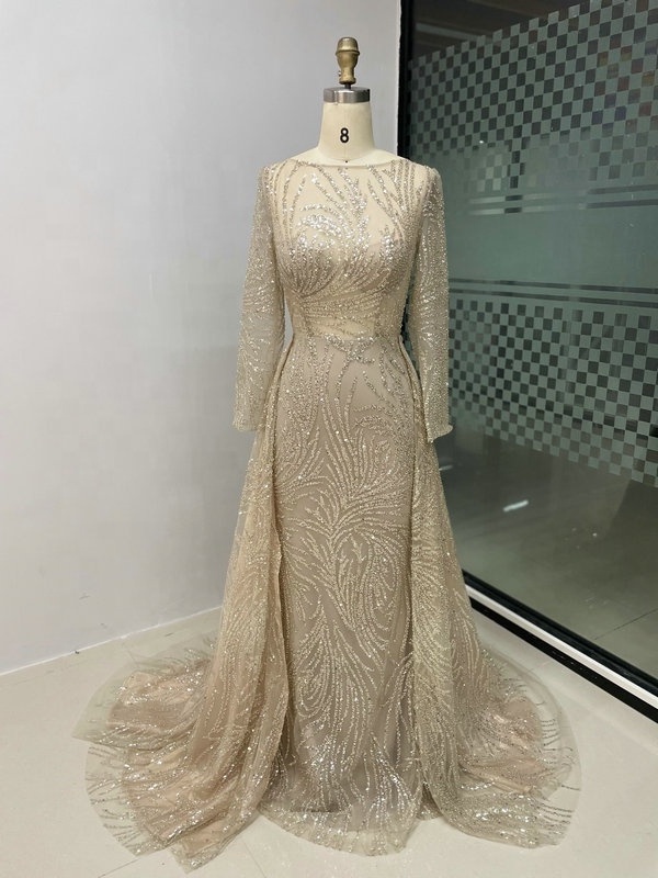 Gorgeous Beaded Sequined Long Sleeves Handmade Dubai Evening Pary Dress Muslim Arabic Women Musilmah Gown A-Line Prom Hot Sale