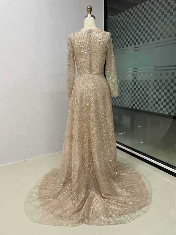 Gorgeous Beaded Sequined Long Sleeves Handmade Dubai Evening Pary Dress Muslim Arabic Women Musilmah Gown A-Line Prom Hot Sale