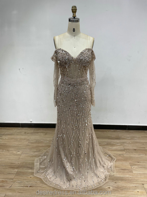 Illusion Beaded Sequined Sweetheart Neck Boning Off The Shoulder Long Sleeves Mermaid Evening Party Prom Dress Gown For Woman