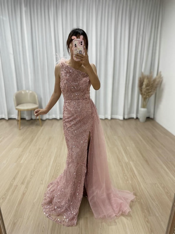 Elegant Strapless High Split Luxury Wedding Party Guest Evening Gowns 2023 One-shoulder Feather Beading Mermaid Women Prom Dress