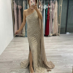 Luxury High Split Wedding Party Guest Evening Gowns 2023 One-shoulder Sleeveless Beading Mermaid Wholesale  Women Prom Dresses