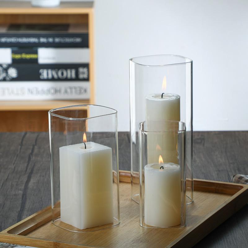 Hot selling Glass candle classic straight cylinder square two-pass windproof lamp shade  Candle Holder Vase