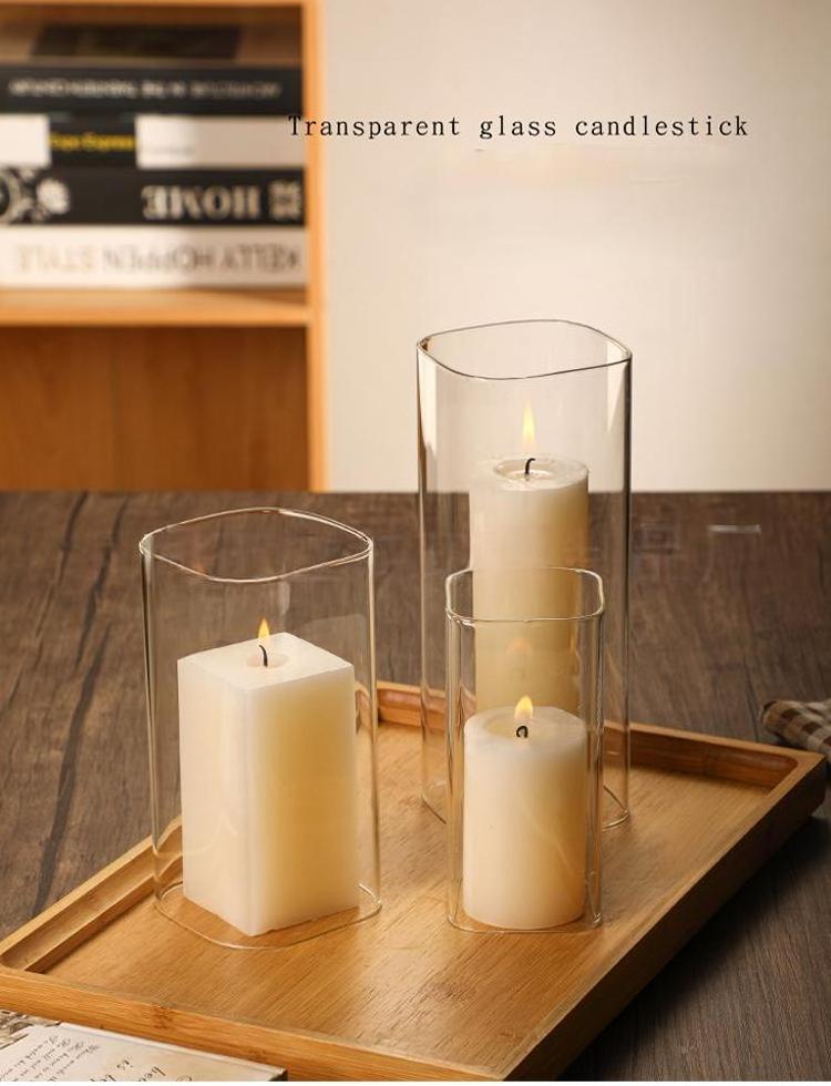 Hot selling Glass candle classic straight cylinder square two-pass windproof lamp shade  Candle Holder Vase