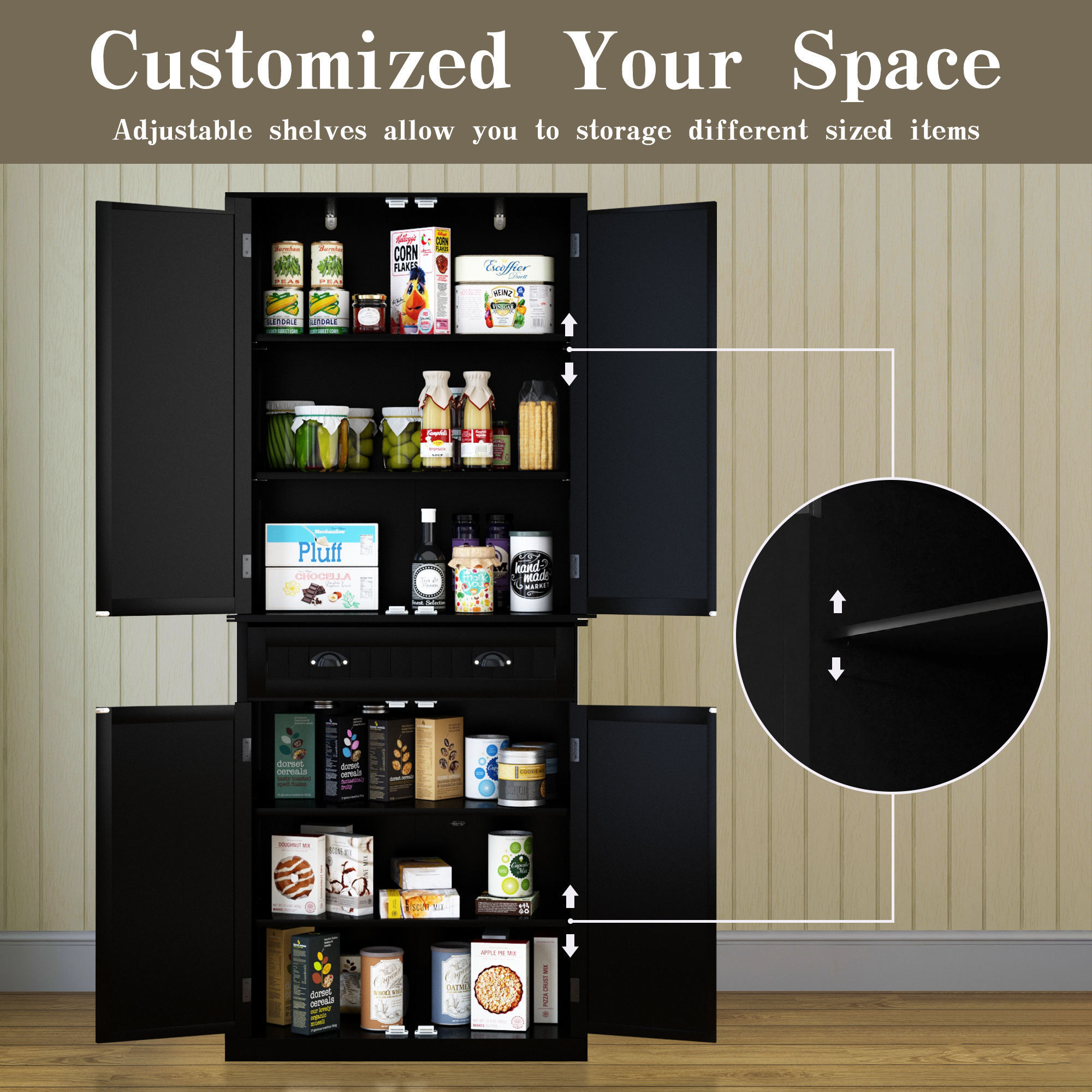 6 layer black wooden pantry storage cabinet Free Standing White Wooden Tall Storage  Cupboard side Cabinet Kitchen Pantry