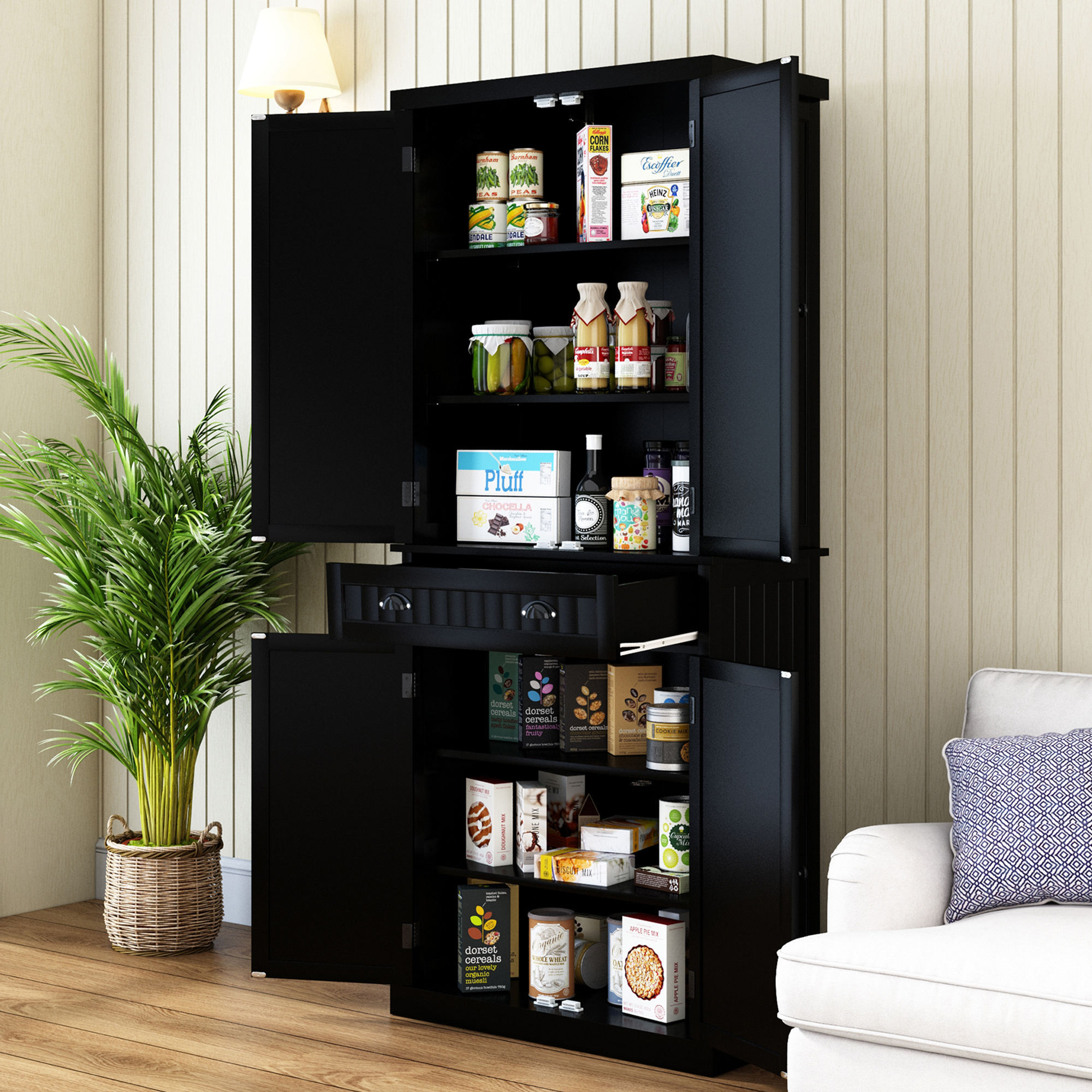 6 layer black wooden pantry storage cabinet Free Standing White Wooden Tall Storage  Cupboard side Cabinet Kitchen Pantry