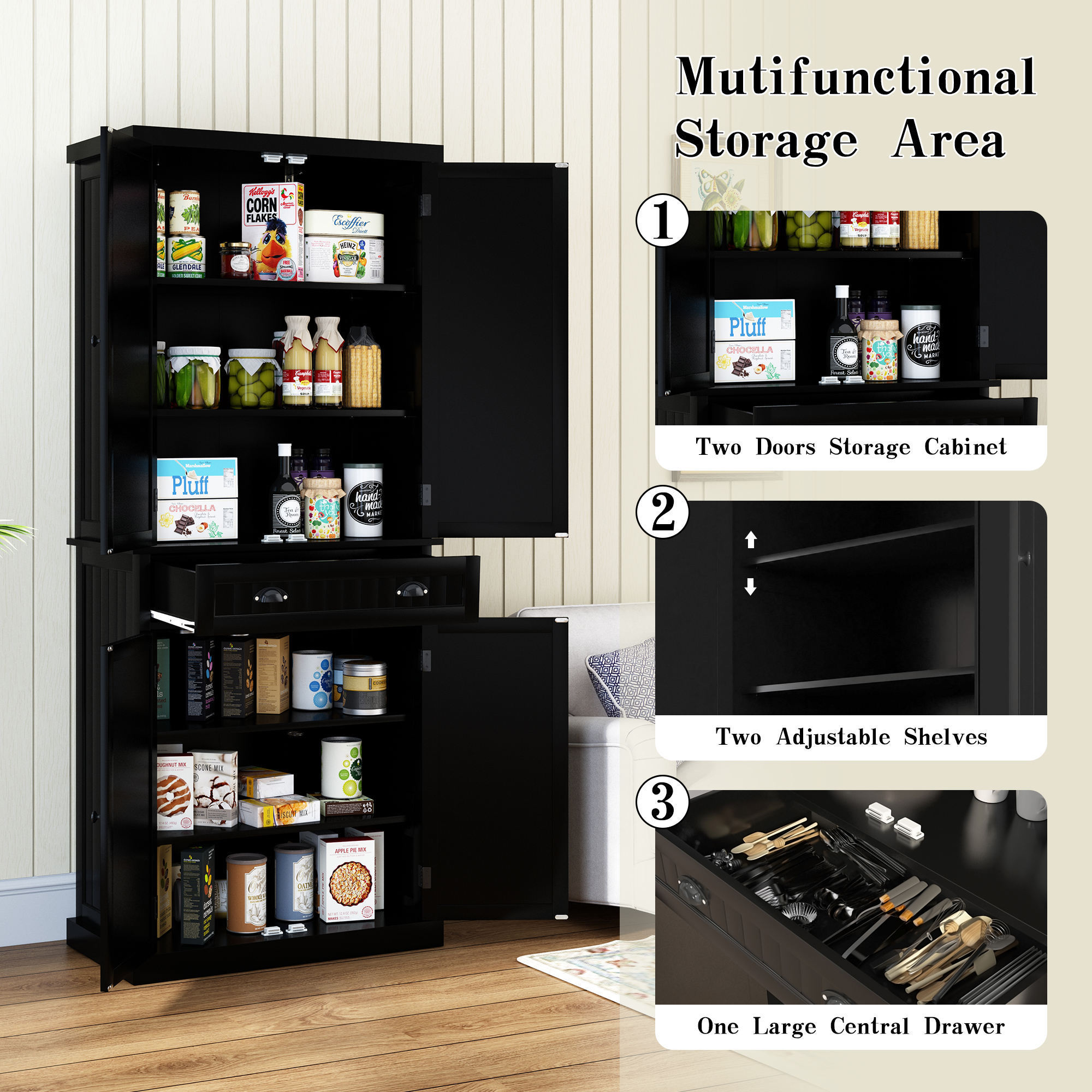 6 layer black wooden pantry storage cabinet Free Standing White Wooden Tall Storage  Cupboard side Cabinet Kitchen Pantry