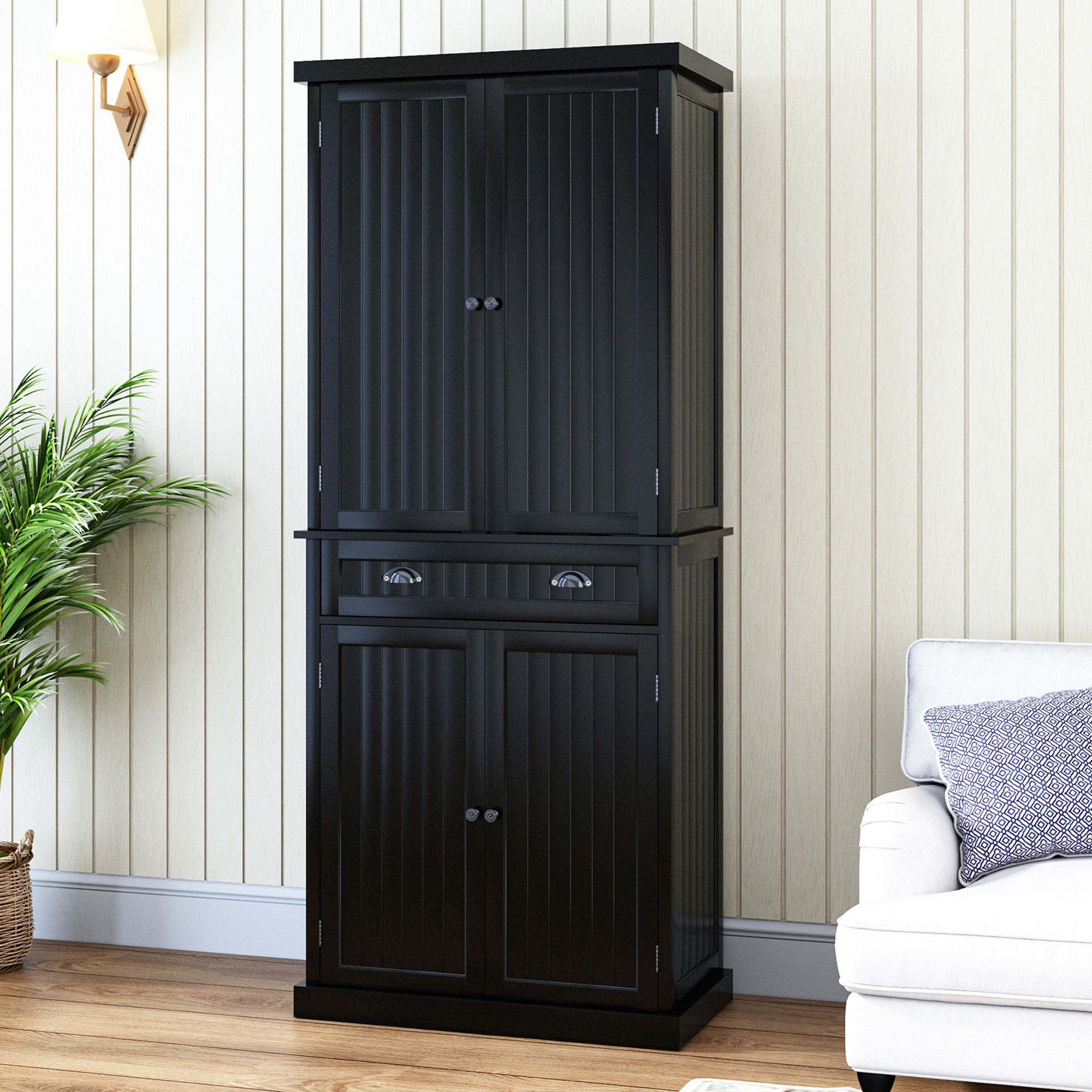 6 layer black wooden pantry storage cabinet Free Standing White Wooden Tall Storage  Cupboard side Cabinet Kitchen Pantry