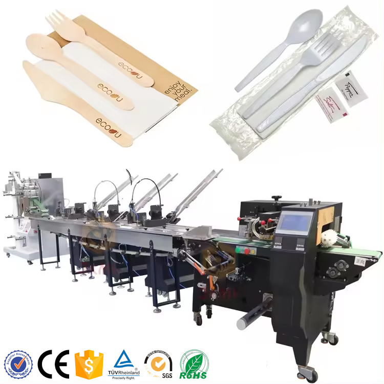 Full Automatic Disposable Cutlery Set Packing Machine Wooden Cutlery Set Plastic Tableware Set With Napkin Packing Machine