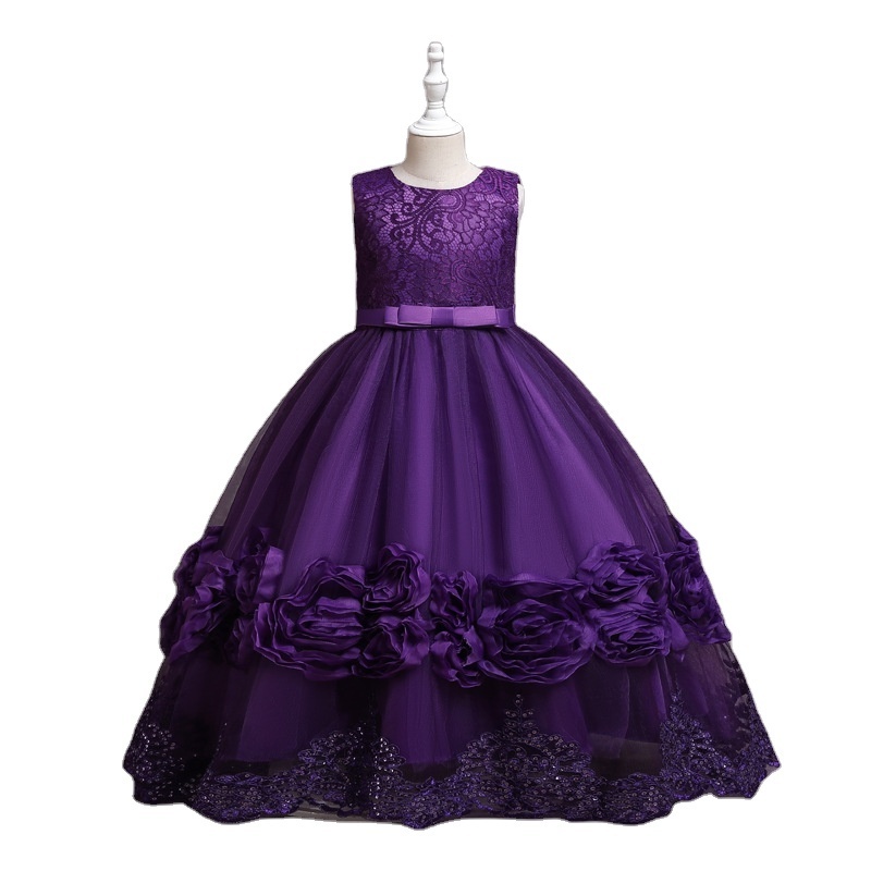 Summer ruffle bow flower dress kids children embroidered bridesmaid party formal dance performance dresses