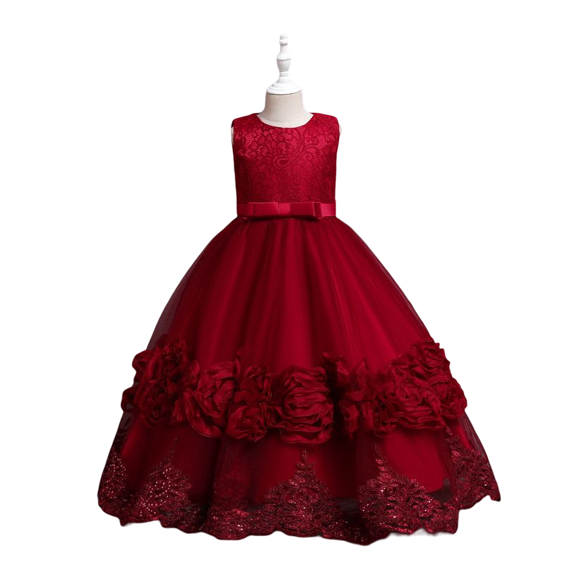 Summer ruffle bow flower dress kids children embroidered bridesmaid party formal dance performance dresses