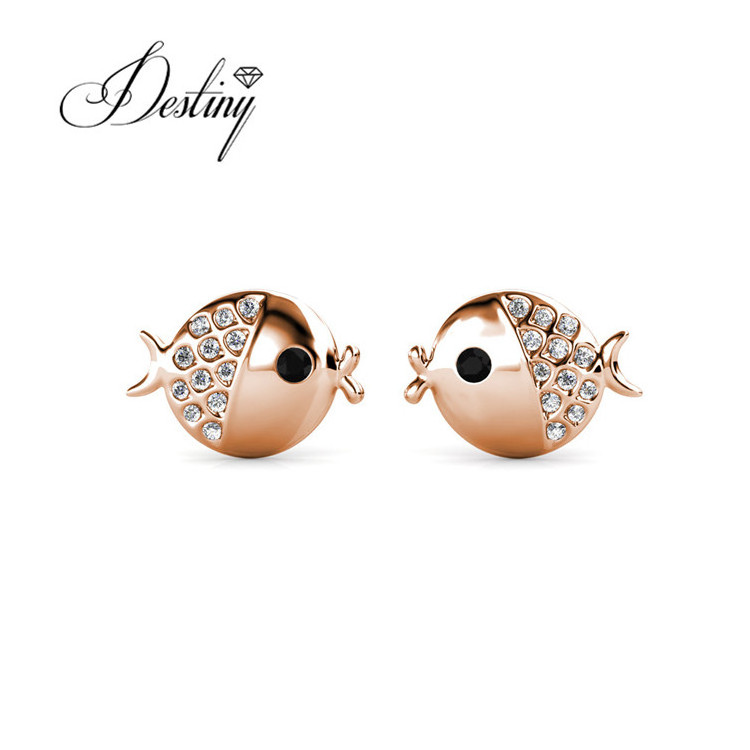 Destiny Jewellery 18K Gold Plated Cute jewelry Ocean Series Little Fugu Kiss fish earring with Premium Austrian Crystal