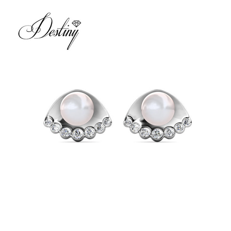 Sterling Silver 925 Premium Austrian Crystal Jewelry Latest Ocean Sea Shell Pearl Stud Earrings Destiny Jewellery