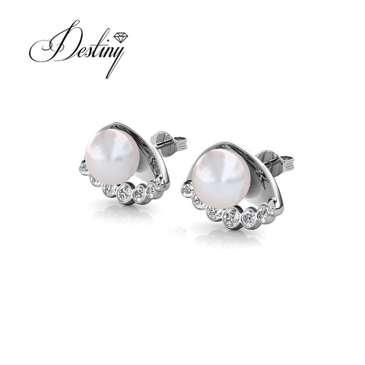 Sterling Silver 925 Premium Austrian Crystal Jewelry Latest Ocean Sea Shell Pearl Stud Earrings Destiny Jewellery