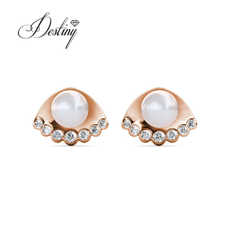 Sterling Silver 925 Premium Austrian Crystal Jewelry Latest Ocean Sea Shell Pearl Stud Earrings Destiny Jewellery