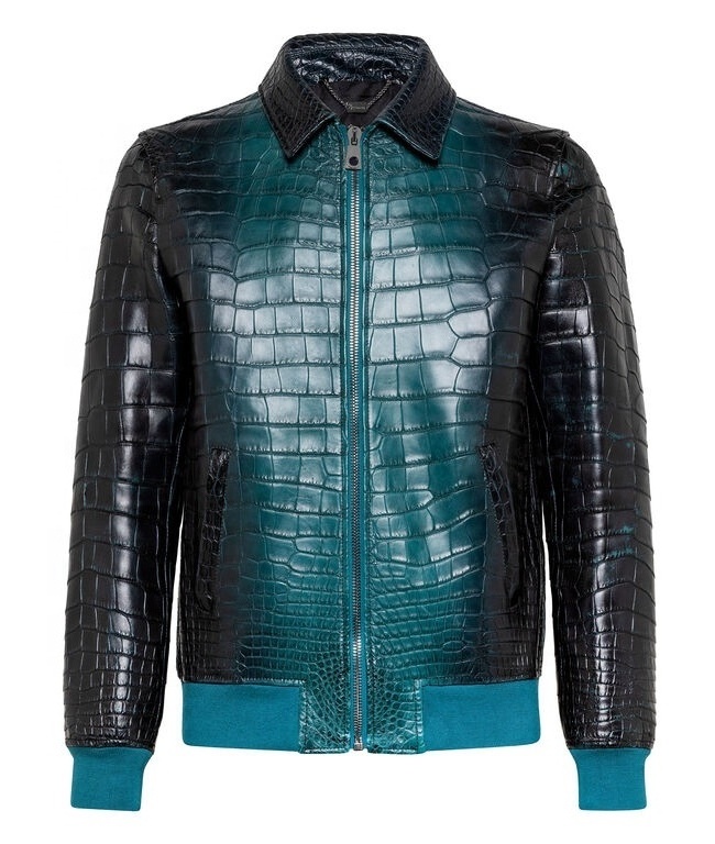 Crocodile Embossed Bomber Hooded Leather Jacket Men Crocodile Print Leather Jacket