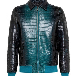 Crocodile Embossed Bomber Hooded Leather Jacket Men Crocodile Print Leather Jacket