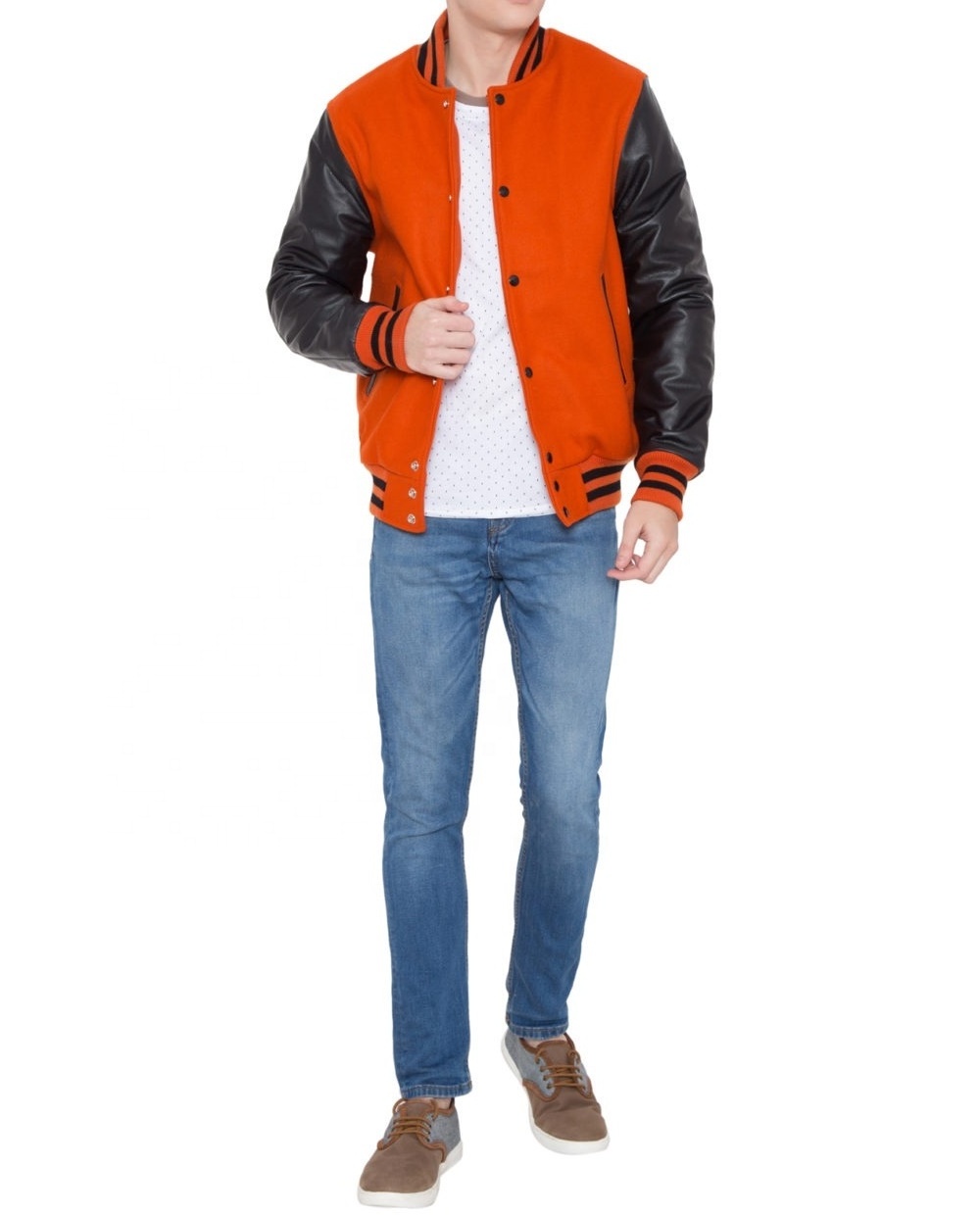 Embroidered Oem Black Sleeves Custom Logo Varsity Bomber Jacket Burnt Orange Wool Body College Jacket