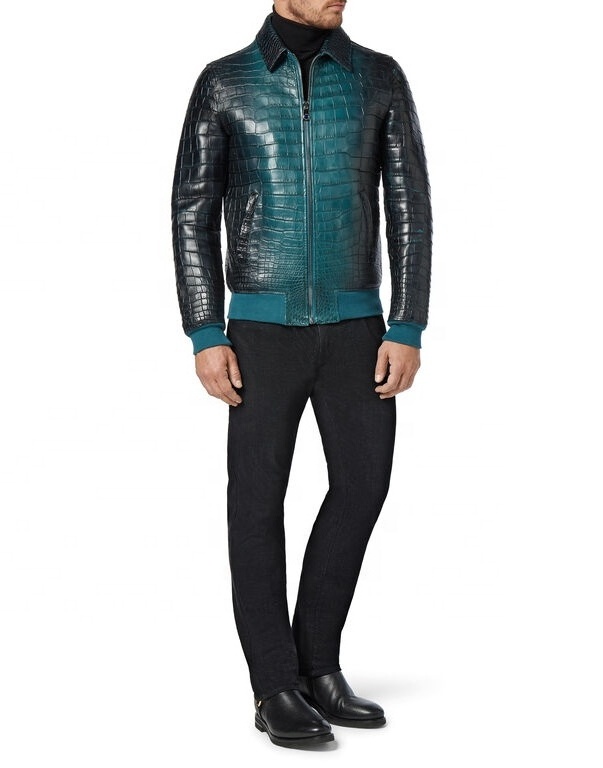 Crocodile Embossed Bomber Hooded Leather Jacket Men Crocodile Print Leather Jacket