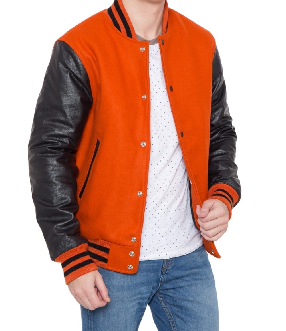 Embroidered Oem Black Sleeves Custom Logo Varsity Bomber Jacket Burnt Orange Wool Body College Jacket