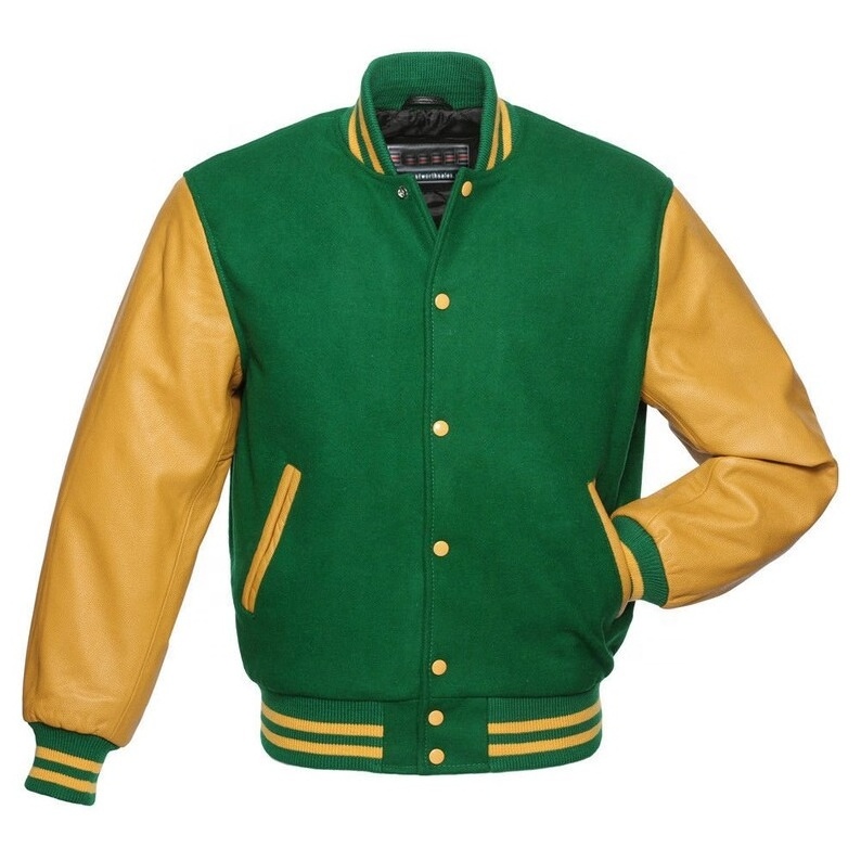 Kelly Green Wool body Gold Yellow Leather Sleeves Varsity Letterman Bomber Baseball Jacket