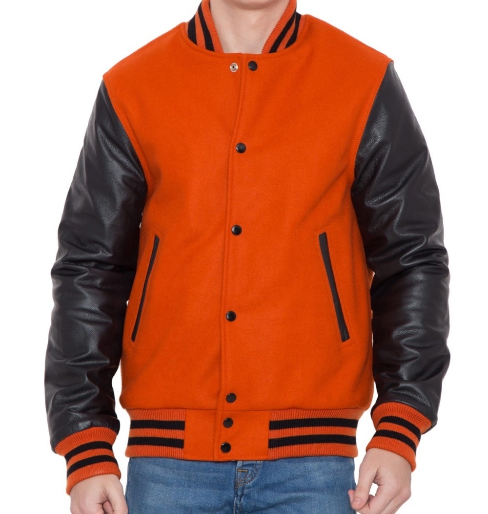 Embroidered Oem Black Sleeves Custom Logo Varsity Bomber Jacket Burnt Orange Wool Body College Jacket