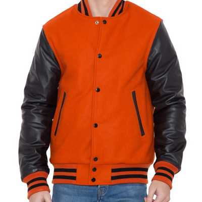 Embroidered Oem Black Sleeves Custom Logo Varsity Bomber Jacket Burnt Orange Wool Body College Jacket