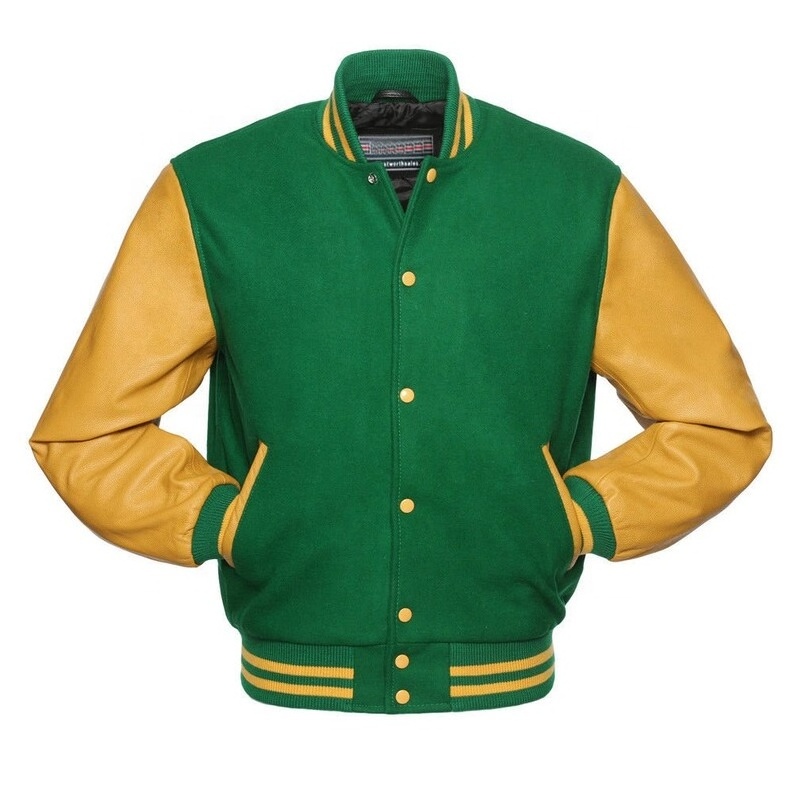 Kelly Green Wool body Gold Yellow Leather Sleeves Varsity Letterman Bomber Baseball Jacket