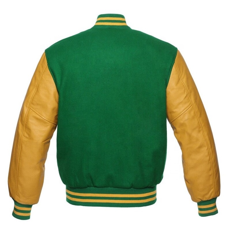 Kelly Green Wool body Gold Yellow Leather Sleeves Varsity Letterman Bomber Baseball Jacket