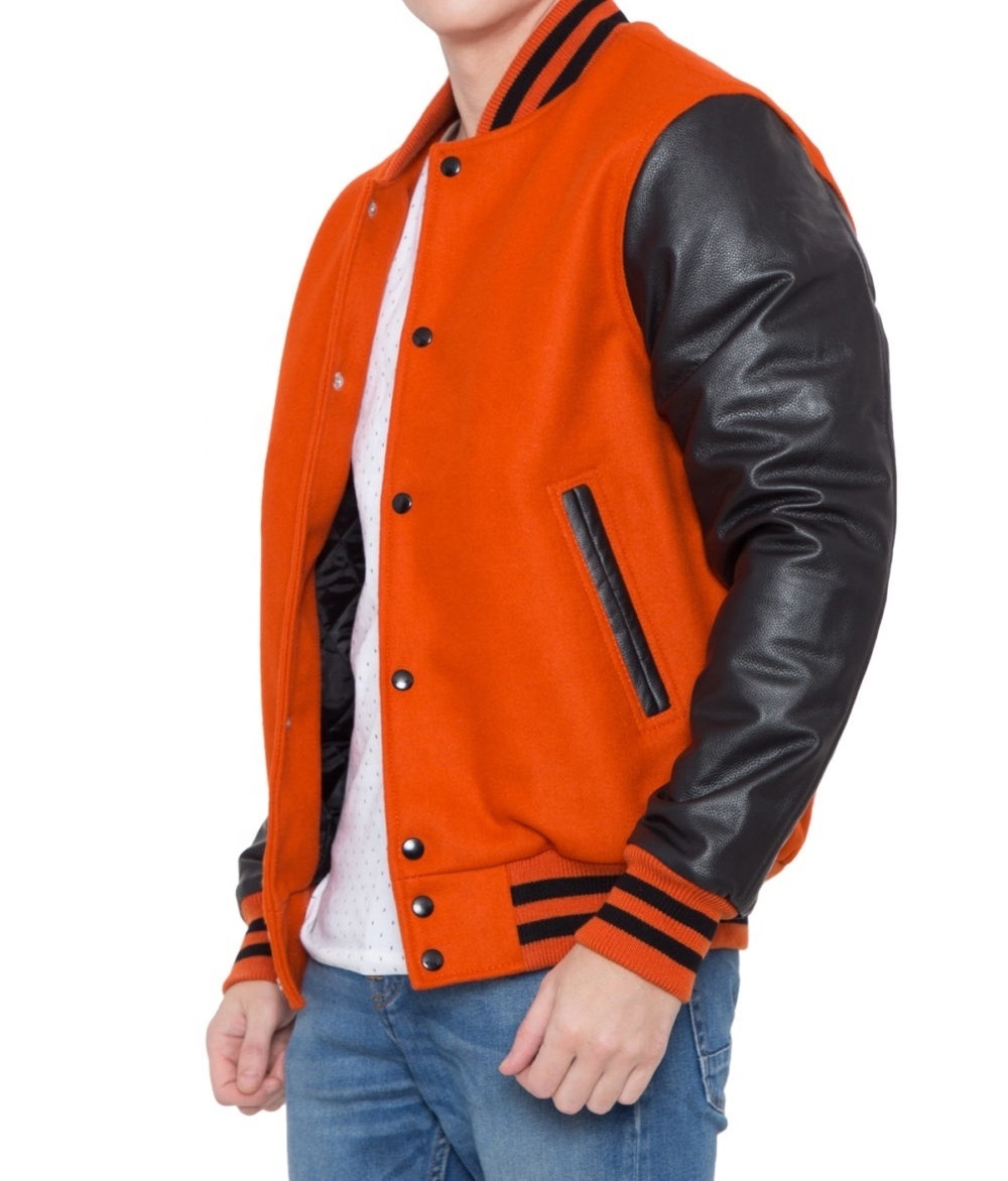 Embroidered Oem Black Sleeves Custom Logo Varsity Bomber Jacket Burnt Orange Wool Body College Jacket