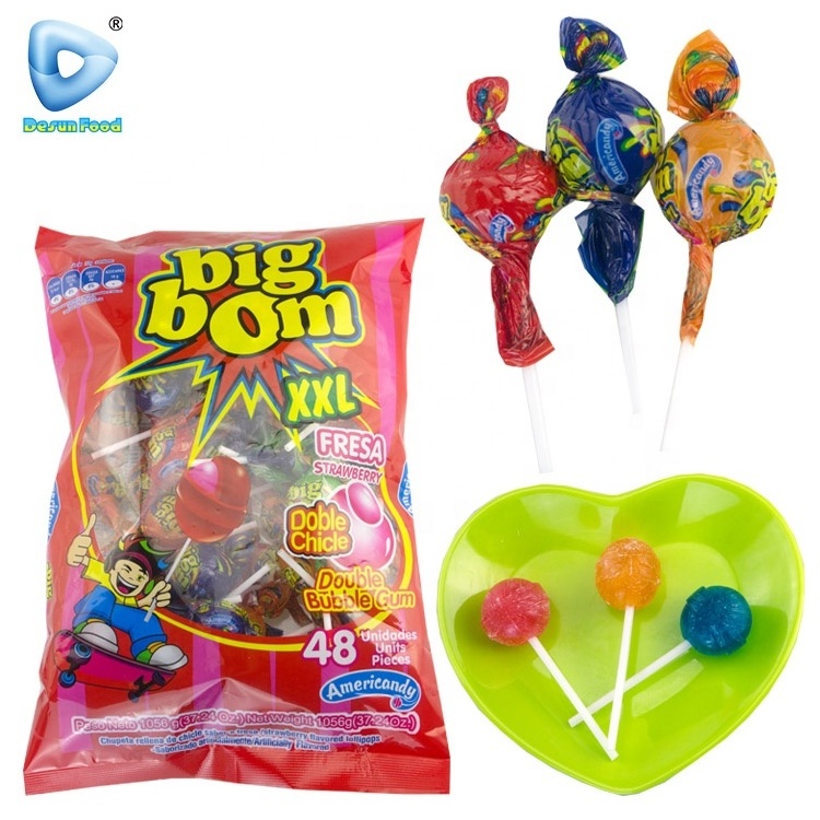 Hot Selling Colorful Fruit Flavor Big Bom Lollipop Candy With Bubble Gum