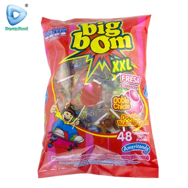 Hot Selling Colorful Fruit Flavor Big Bom Lollipop Candy With Bubble Gum