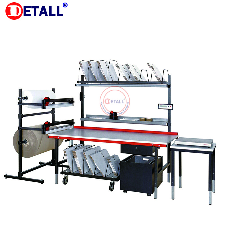 Detall- height adjustable industrial packing table for warehouse with carton ball