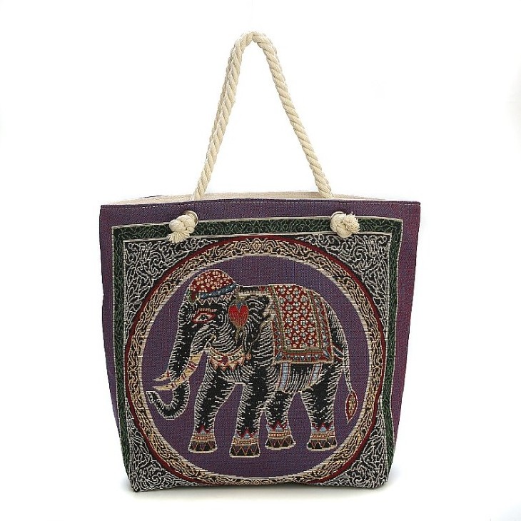 Thailand Elephant Embroidery Cotton Canvas Linen  Lady Rope Handle Tote Beach Bag