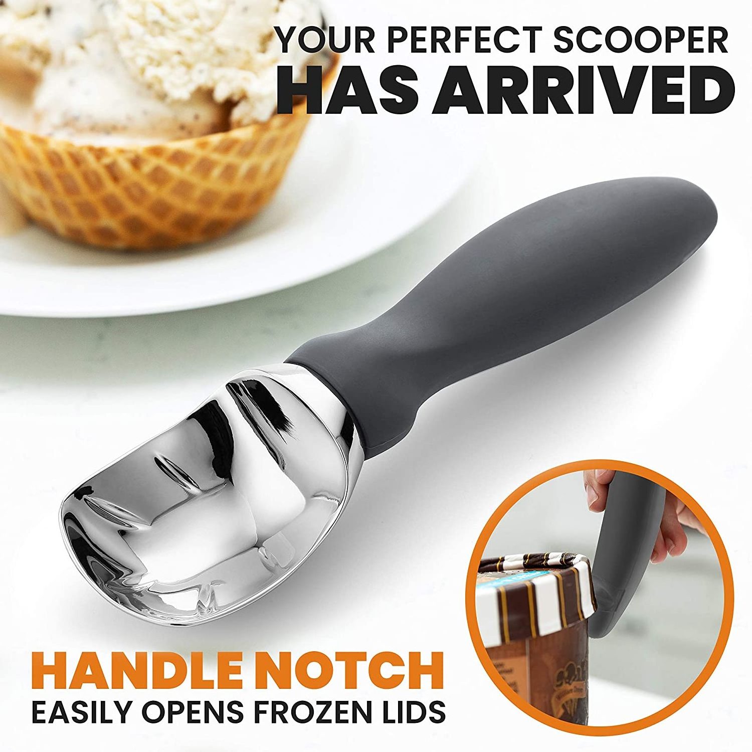 Best Selling Life Hack Kitchen Summer Gadgets Small 304 Stainless Steel Ice Cream Scoop with Comfortable pp Silicone Handle