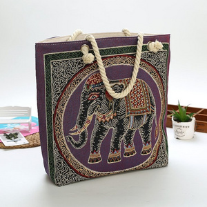 Thailand Elephant Embroidery Cotton Canvas Linen  Lady Rope Handle Tote Beach Bag