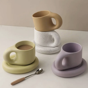 Nordic Style Pangpang Ceramic Coffee Tea Mug with Saucer Set Unique Design Eco-friendly Fat Handle Cute Novelty Mug Saucer Set