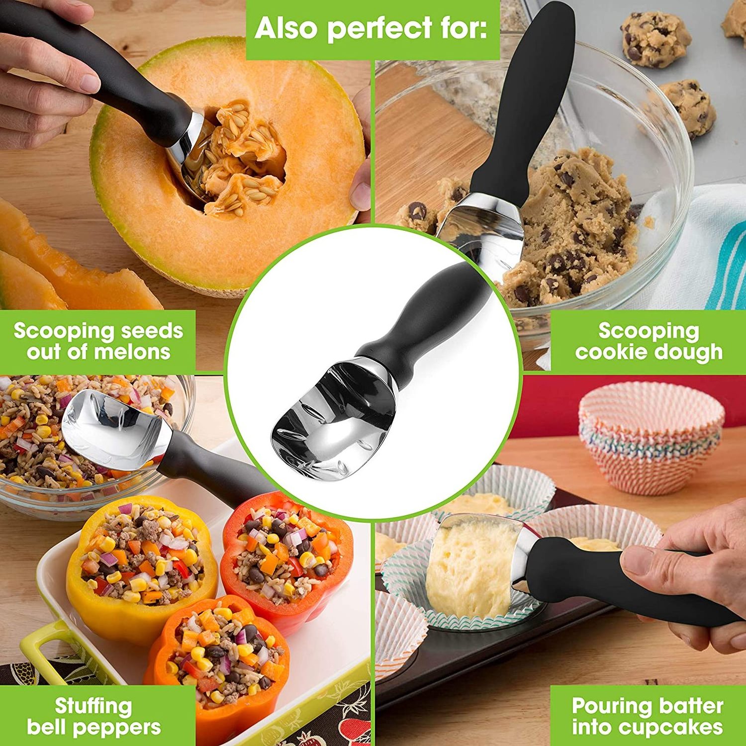 Best Selling Life Hack Kitchen Summer Gadgets Small 304 Stainless Steel Ice Cream Scoop with Comfortable pp Silicone Handle