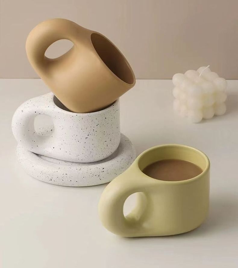 Nordic Style Pangpang Ceramic Coffee Tea Mug with Saucer Set Unique Design Eco-friendly Fat Handle Cute Novelty Mug Saucer Set