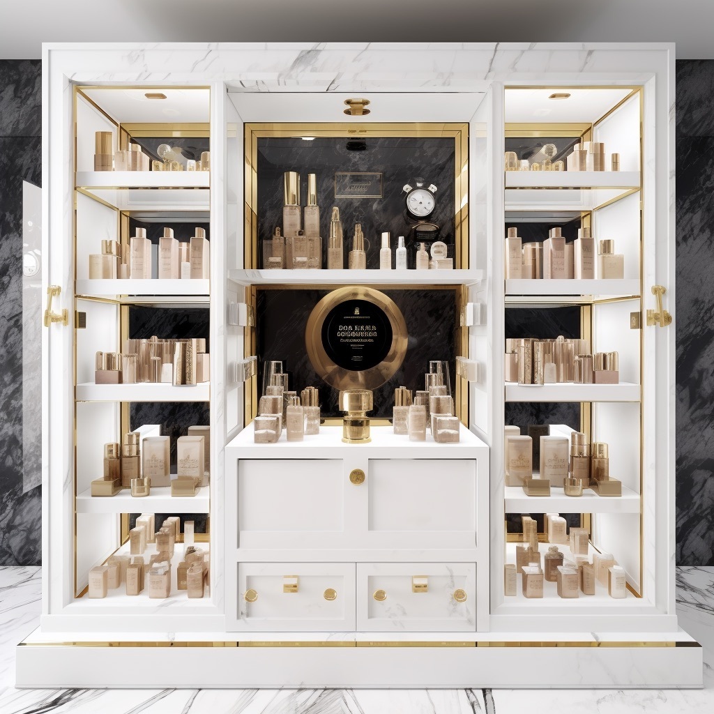 Nordic Design Gold-Edged Glass Showcase Drawer Lockable Wood Metal Display Shelves For Cosmetics Store