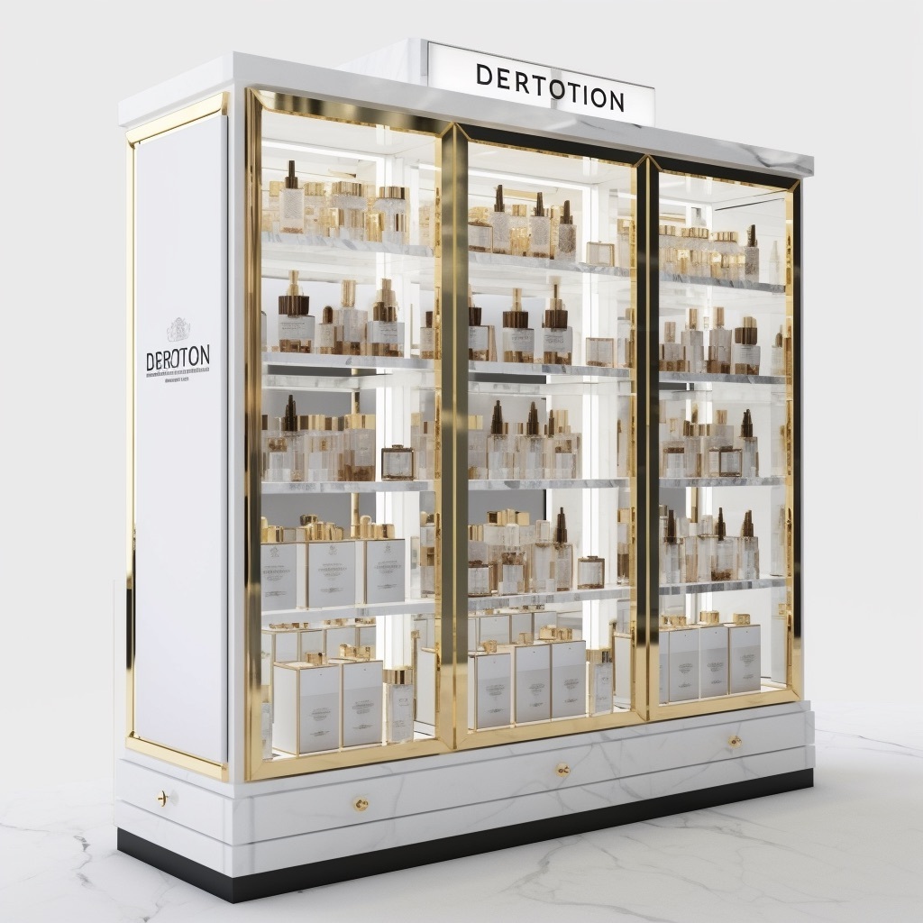 Nordic Design Gold-Edged Glass Showcase Drawer Lockable Wood Metal Display Shelves For Cosmetics Store