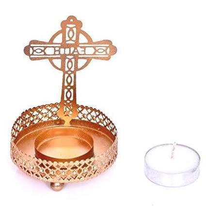 GOLDEN JESUS CROSS TEA LIGHT CANDLE HOLDER CLASSY GOLD CANDLE HOLDER CHRISTMAS IRON DECORATION CANDLE HOLDER