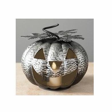 PREMIUM SILVER HALLOWEEN POTTERY BARN CANDLE LANTERN ROUND JACK O LANTERN HOME DECOR LANTERN