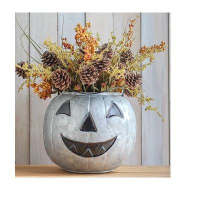 PREMIUM SILVER HALLOWEEN POTTERY BARN CANDLE LANTERN ROUND JACK O LANTERN HOME DECOR LANTERN