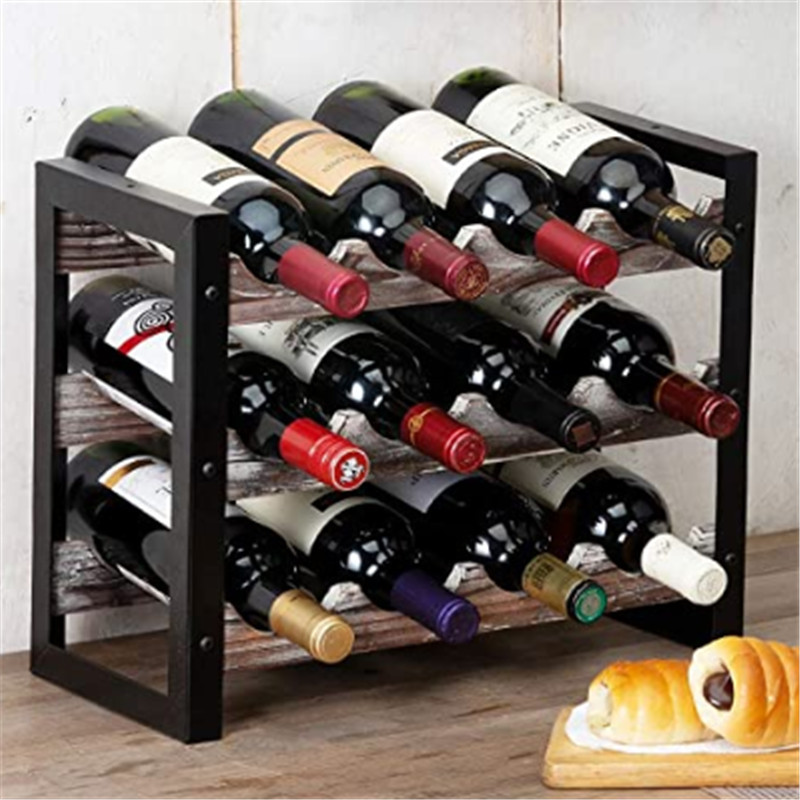 Rustic Wine Rack Freestanding Floor 3 Tier Stackable Display Storage for Counter-top 12 Glass Bottles Holder  shelf