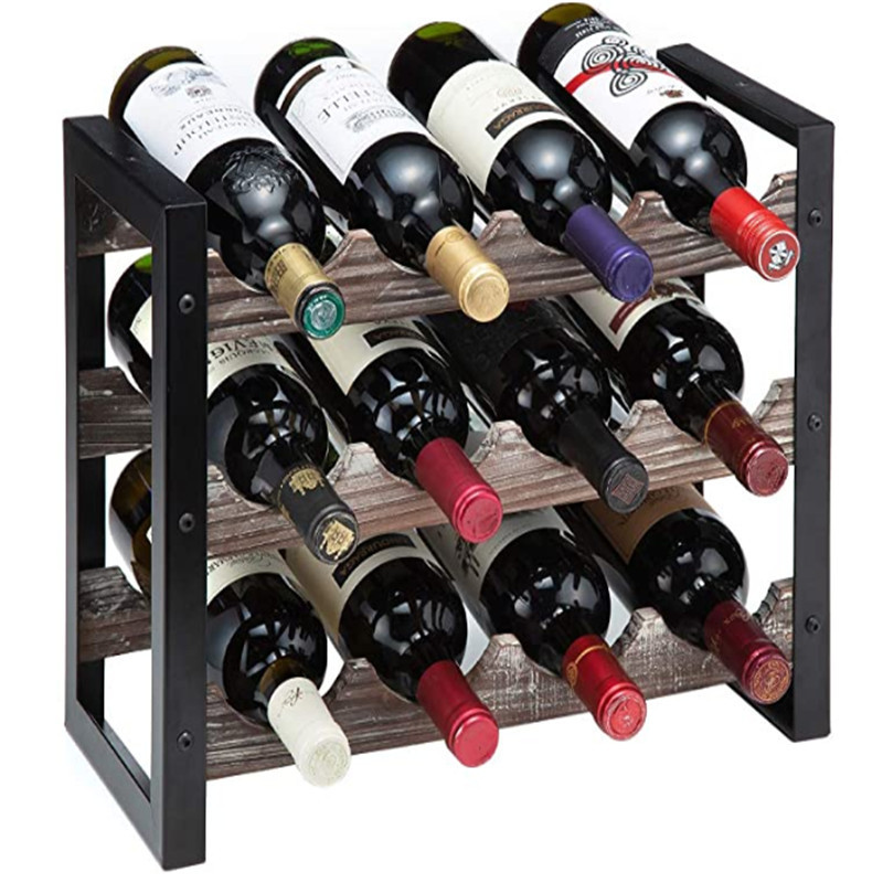 Rustic Wine Rack Freestanding Floor 3 Tier Stackable Display Storage for Counter-top 12 Glass Bottles Holder  shelf