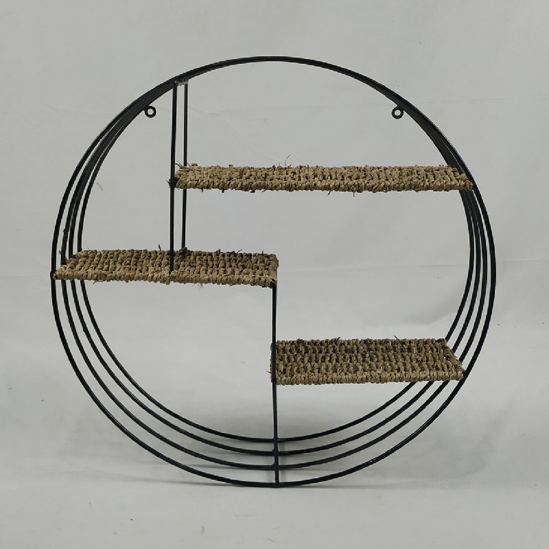 Metal wire seagrass round shape three-layer hanging wall shelf